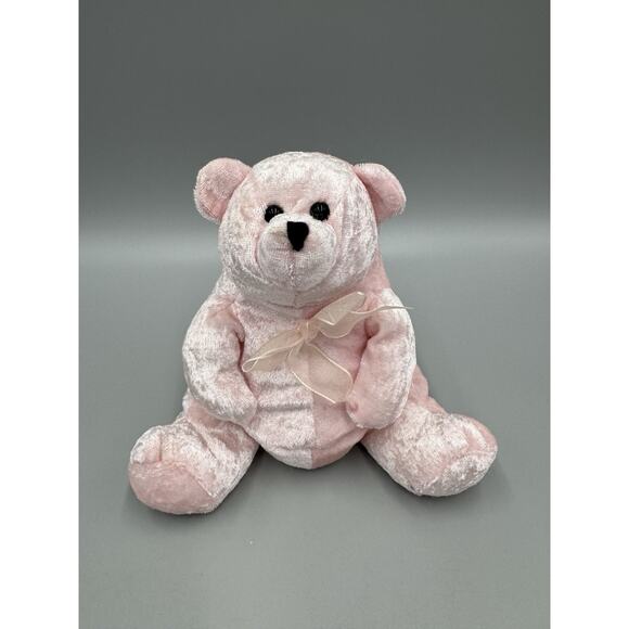 Vintage Pink Beanbag Teddy Bear w/Pink Bow Plush 6.5” Stuffed Animal - Picture 1 of 7